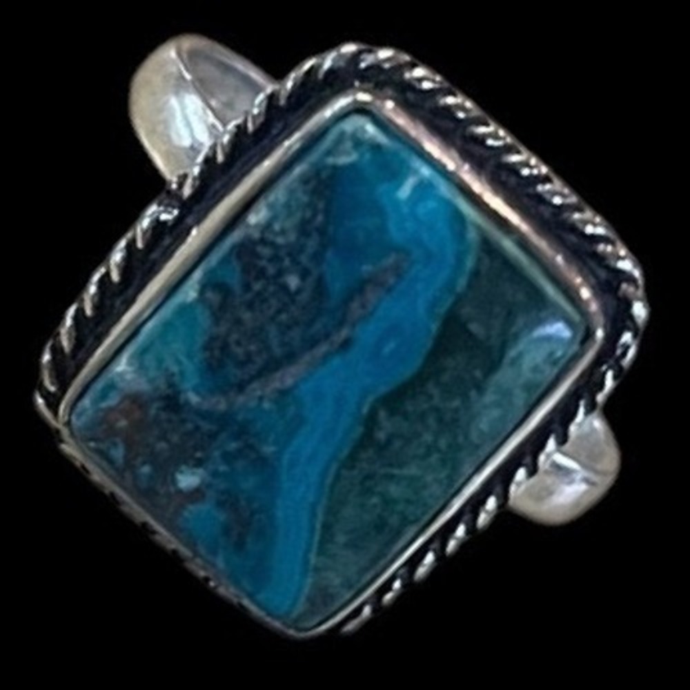 Vintage 925 Sterling Silver Turquoise Rectangular Rope Border Ring Marbled Sz 10